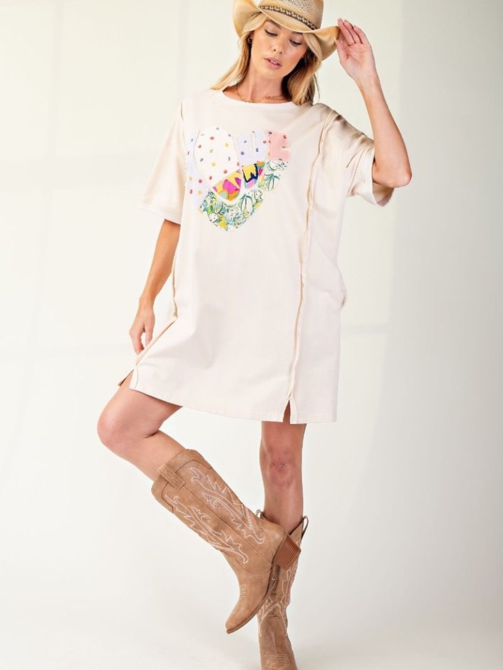 New Easel Heart Love Patch Cotton T Shirt Dress Tunic Relaxed Fit Raw Edge Hem - Picture 2 of 6
